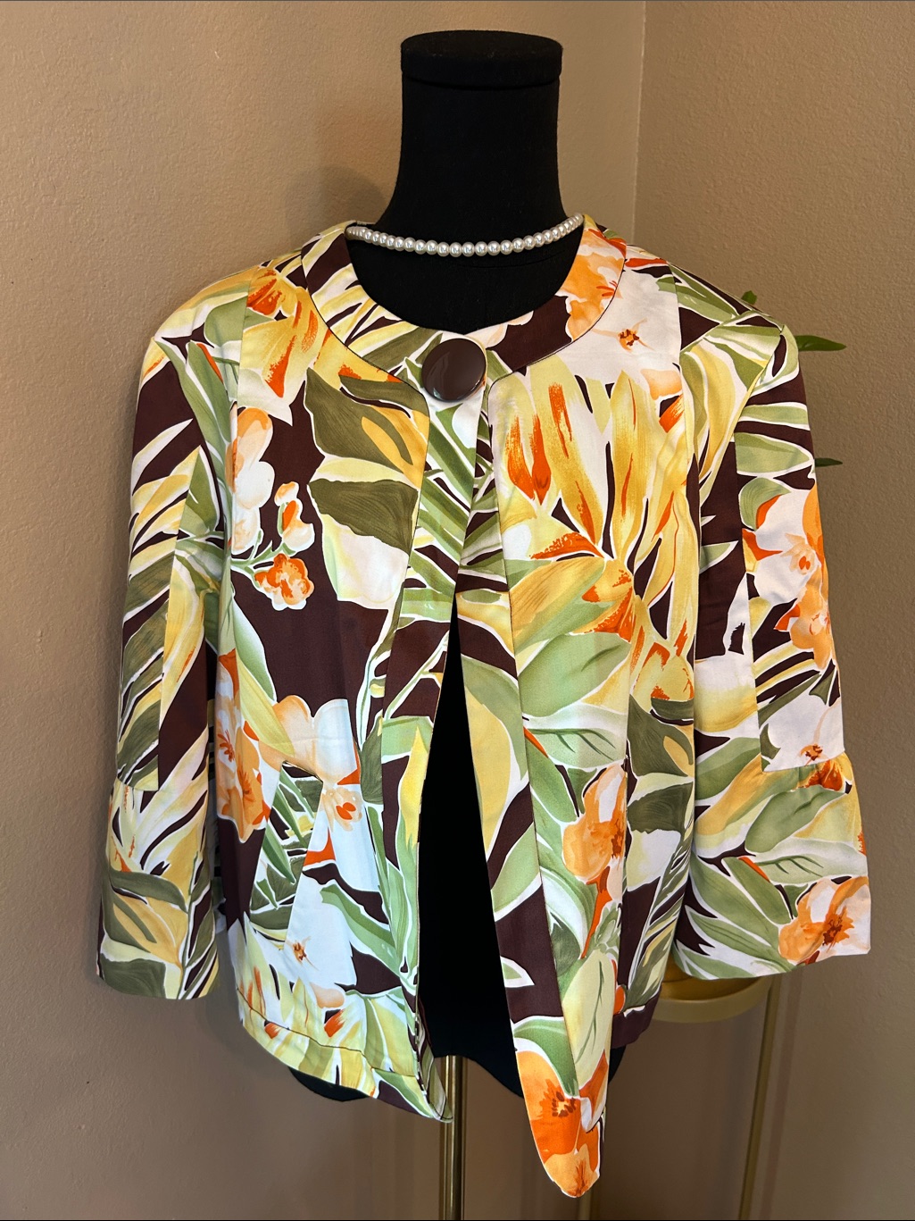Floral Print Open Front Blazer Jacket - Yellow Green Brown